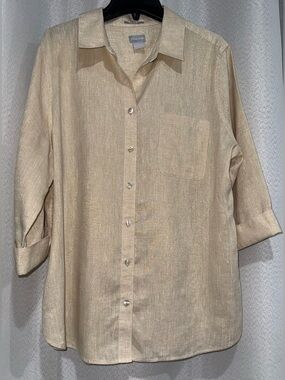 Chico’s No-Iron Linen Blouse Metallic Oatmeal Shimmer Size 2 (Large L/XL 12/14)